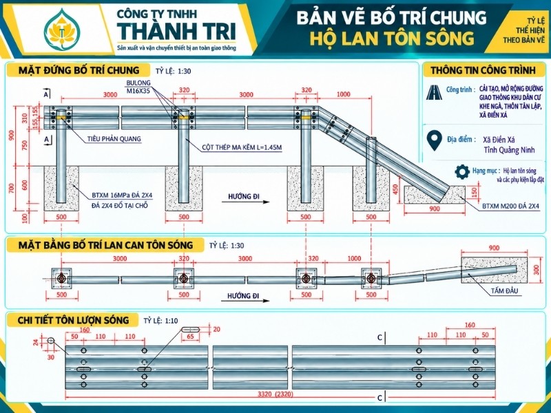 Bản vẽ bố trí chung hộ lan tôn sóng của công trình Bản vẽ bố trí chung hộ lan tôn sóng của công trình