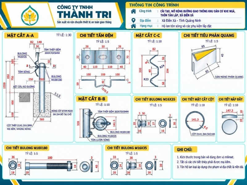 Bản vẽ chi tiết trụ hộ lan và các cấu kiện đi kèm lắp đặt Bản vẽ chi tiết trụ hộ lan và các cấu kiện đi kèm lắp đặt
