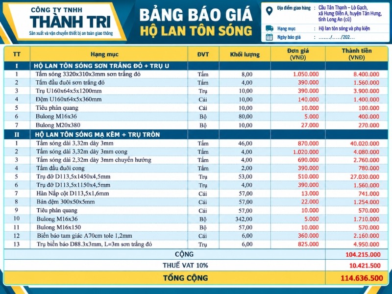 Bảng báo giá hộ lan tôn sóng các loại cho dự án
