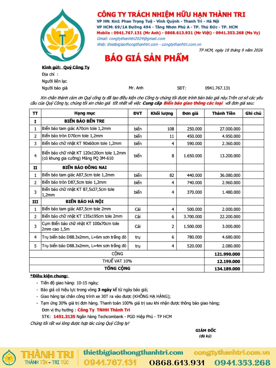 Báo giá biển báo giao thông phản quang quý 4/2026