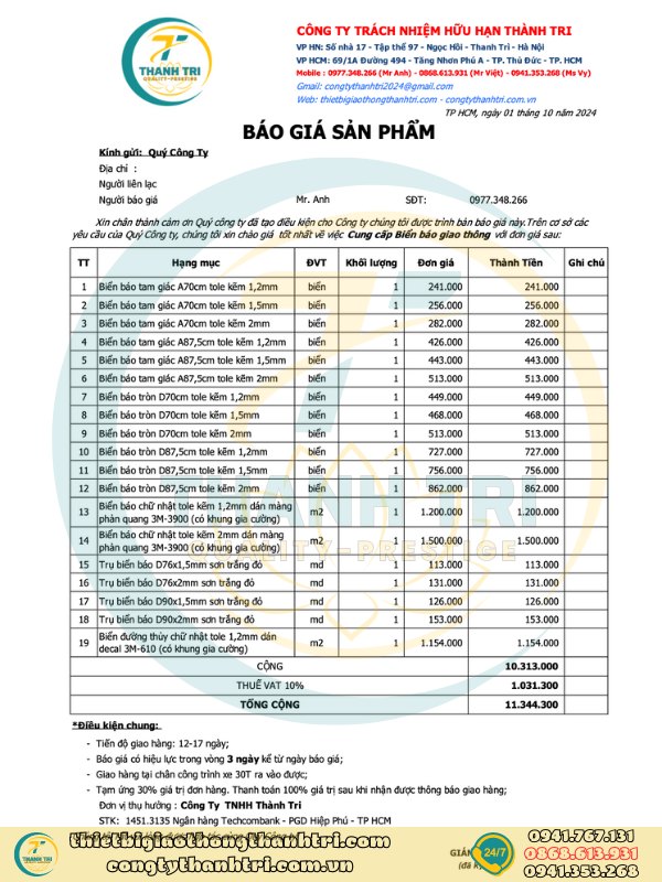 Báo giá biển báo giao thông phản quang quý 4/2024