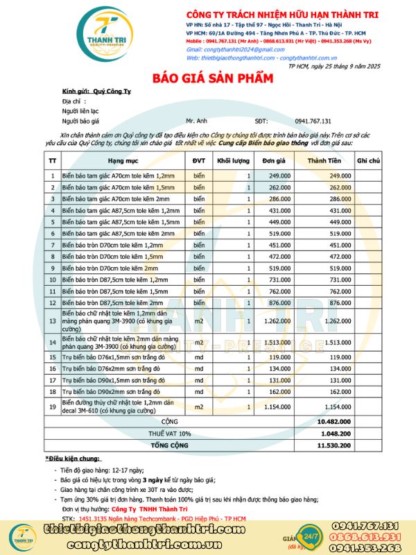 Báo giá biển báo giao thông phản quang quý 4 năm 2025 mới nhất