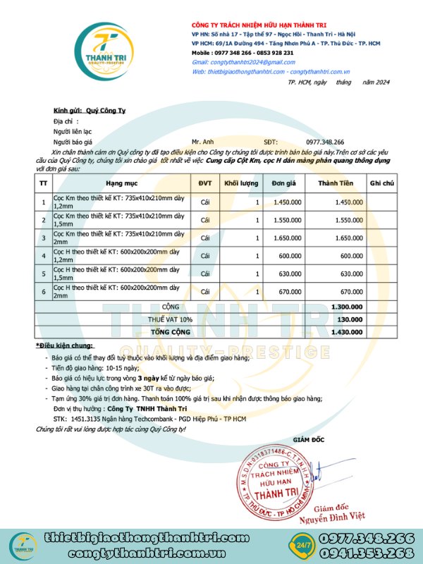 Báo giá cột Km cọc H dán màng phản quang 2024