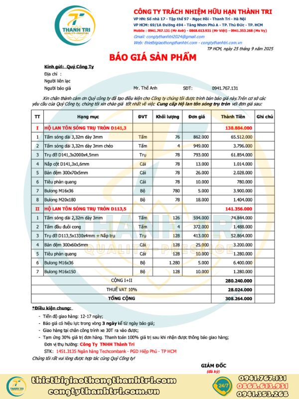 Báo giá hộ lan tôn sóng hộ lan mềm quý 4 năm 2025