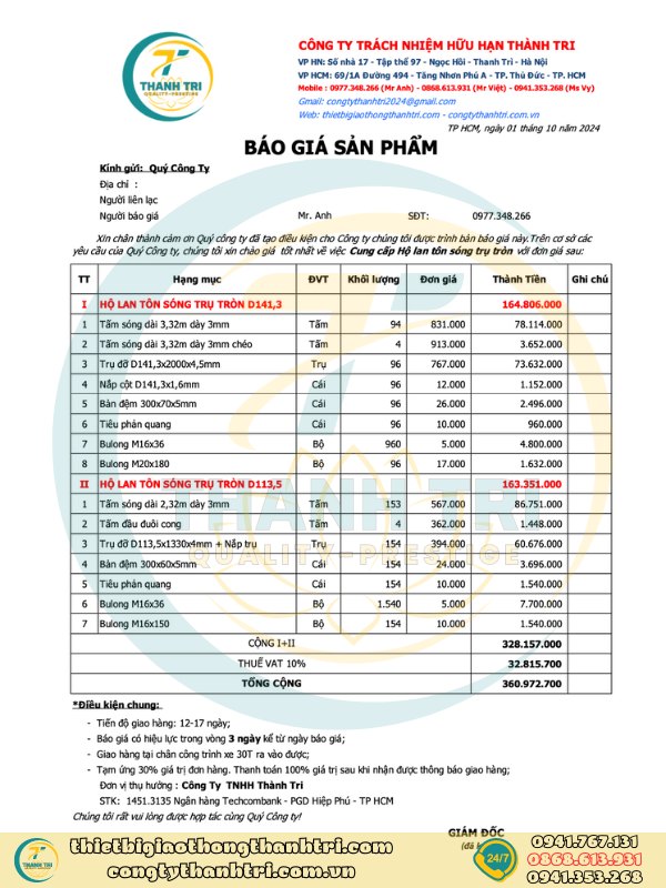 Báo giá hộ lan tôn sóng hộ lan mềm quý 4 năm 2024