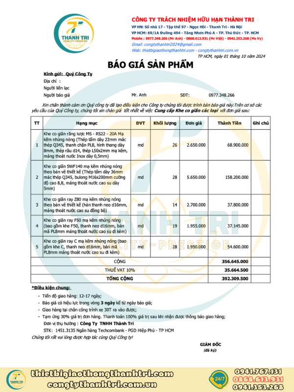 Báo giá khe co giãn răng lược khe ray quý 4 năm 2024