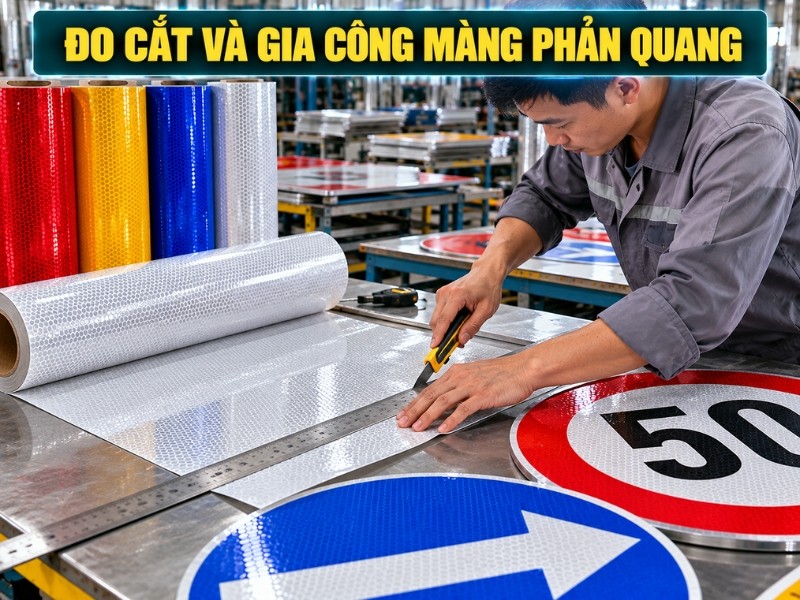 Đo cắt và gia công màng phản quang biển báo tại xưởng Đo cắt và gia công màng phản quang biển báo tại xưởng